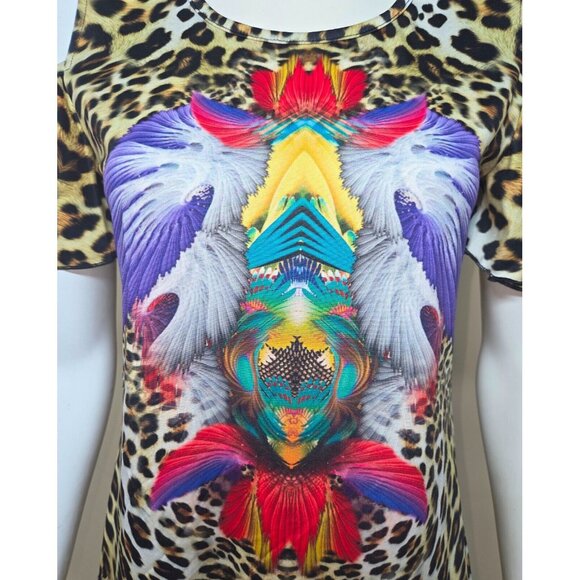 ASH & SARA Leopard Cold Shoulder Top Blouse with Colorful Design Women Size Sm - Picture 2 of 7
